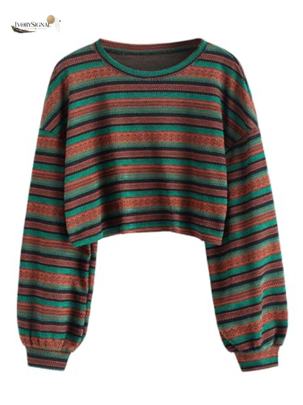Boho Tribal Print Cropped Knit Sweater Drop Shoulder Long Sleeve Pullover